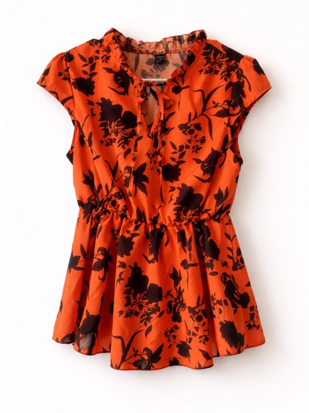 Shein Floral Ruffle Blouse M Peplum Tie Neck Top Orange Black